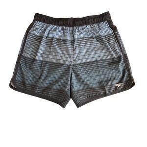 Speedo Mens Swim Trunks Blue Grid Print Compression Liner Board Shorts Large